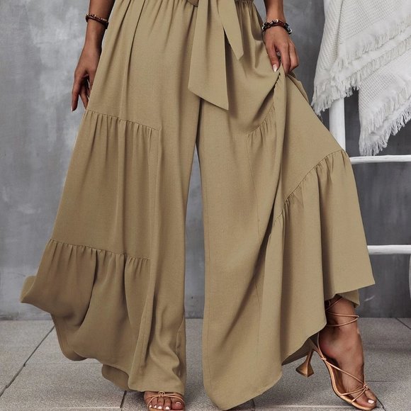 Khaki Boho Shirred Waist Tie Front Ruffle Hem Wide Leg Pants travel summer - Picture 5 of 5